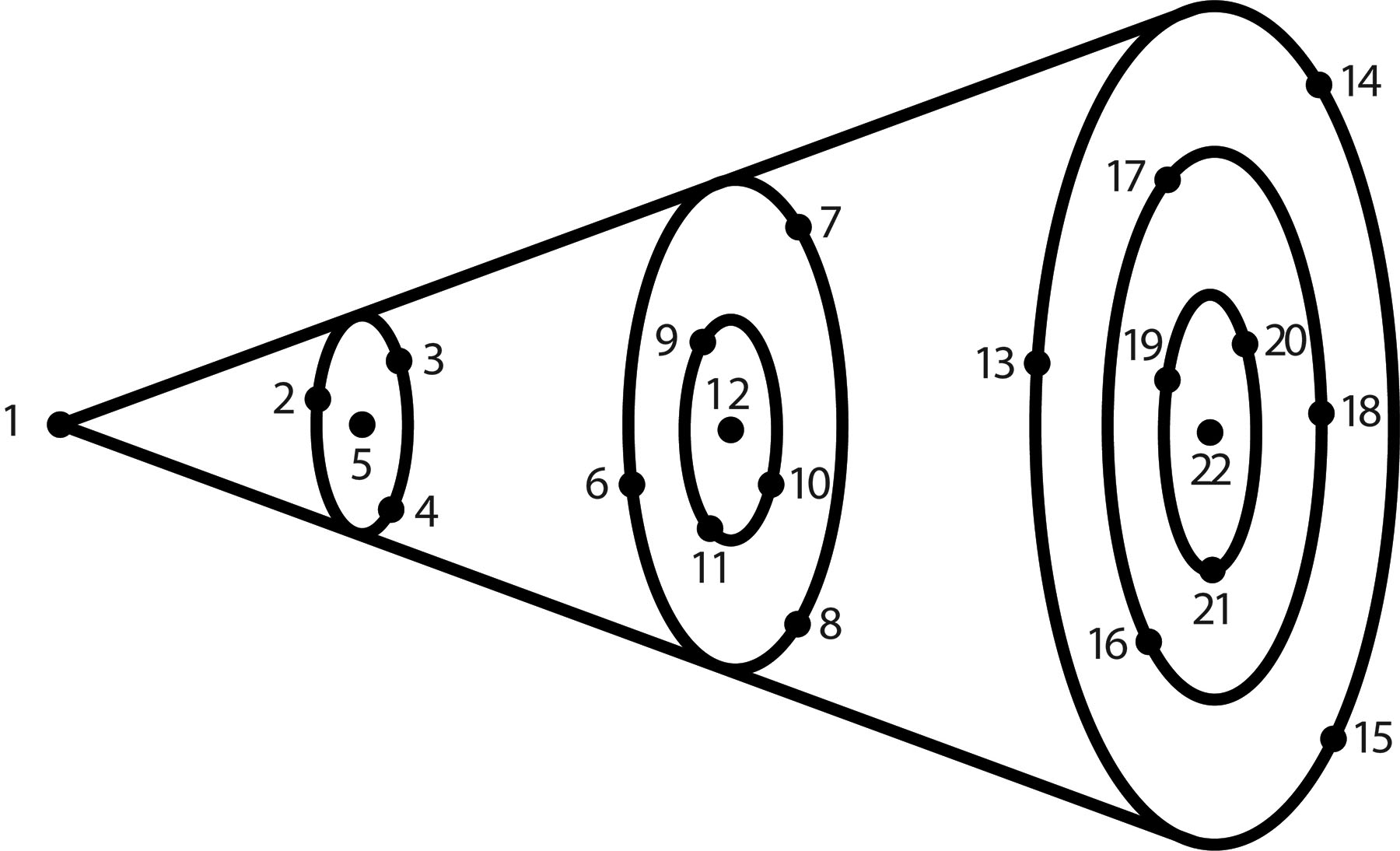 Observer Points Model — diagram of the cone of attention with 22 numbered points