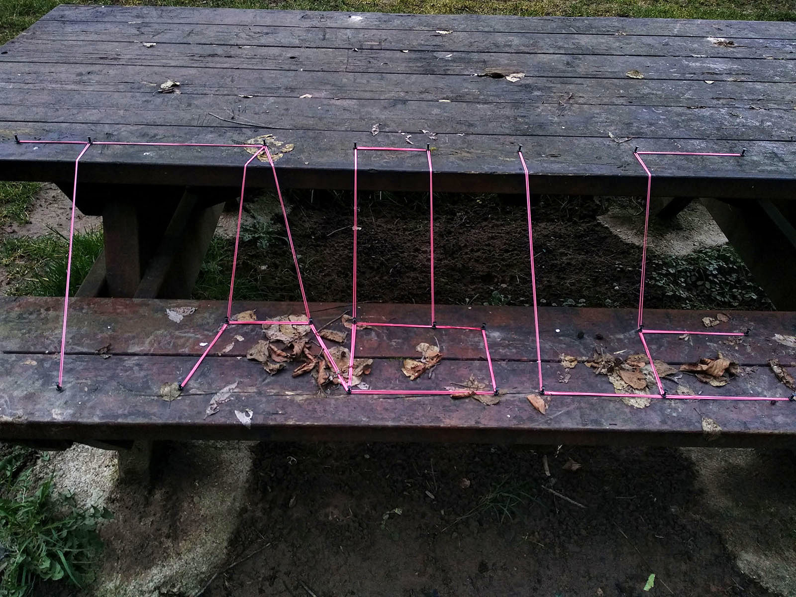 TABLE, formed by pink cord on a wooden bench